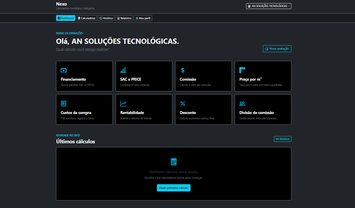 Painel principal do Nexo no tema escuro