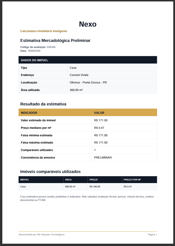 Relatório de estimativa mercadológica gerado pelo Nexo